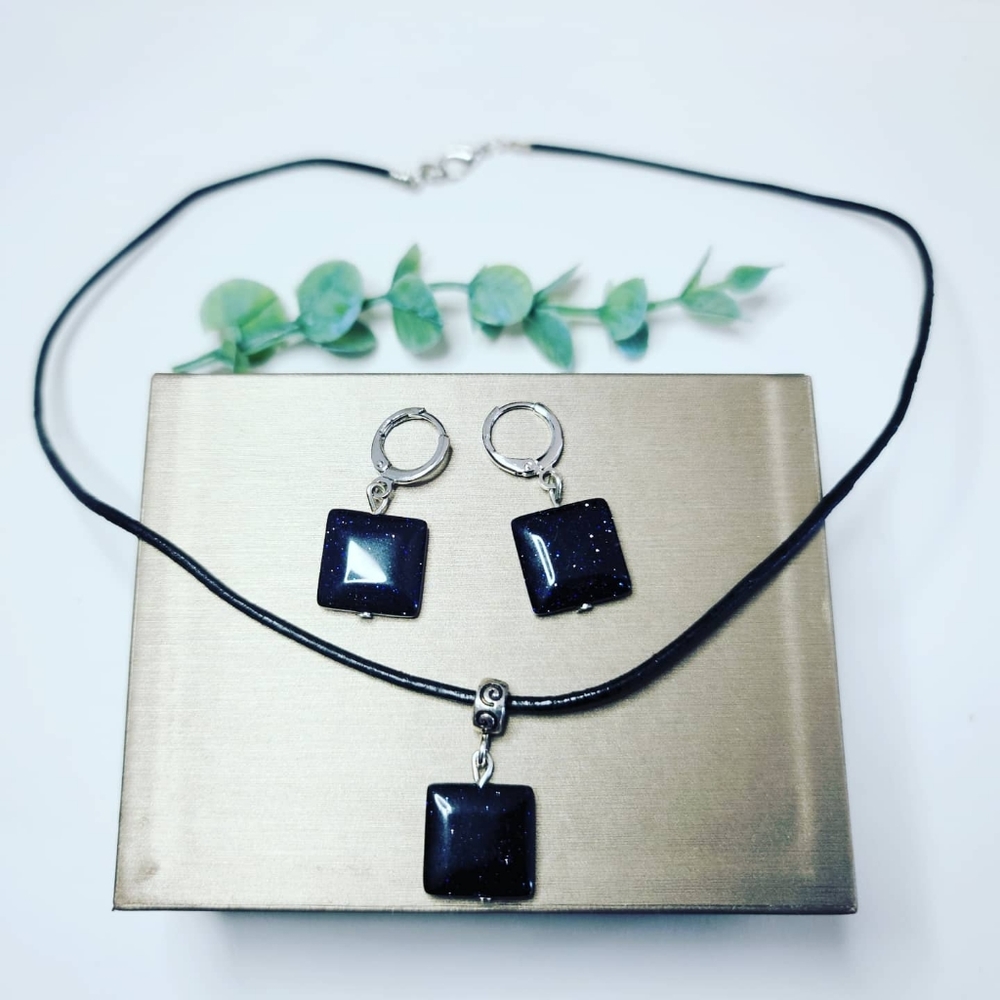 Blue Goldstone Earrings and Pendant on a cord